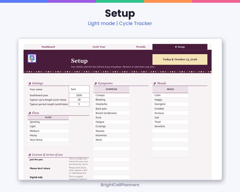 May include: A digital cycle tracker setup dashboard in light mode. The interface features sections for settings, symptoms, moods, and flow, with text fields for personal data, cycle length, and period duration, dated October 13, 2026.
