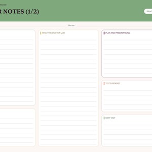 May include: A digital planner page titled DOCTOR NOTES (1/2) with a green header and cream background. It features sections for Questions to Ask, What the Doctor Said, Plan and Prescriptions, Tests Ordered, Recent Labs, and Next Visit.
