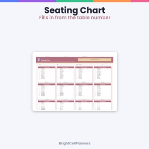 May include: A digital seating chart template with a maroon header and white background. The layout features twelve rectangular table sections, each listing names under a table number. The text reads Seating Chart, Fills in from the table number, and BrightCellPlanners.