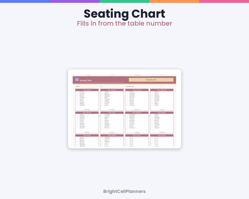 May include: A digital seating chart template with a maroon header and white background. The layout features twelve rectangular table sections, each listing names under a table number. The text reads Seating Chart, Fills in from the table number, and BrightCellPlanners.