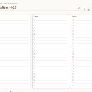 May include: A digital bullet journal page titled Collections (1/3) featuring three vertical columns with lined spaces and circular checkboxes. A navigation sidebar on the left includes tabs for Index, Key, Future, Monthly, Collections, Dot Grid, Habits, Mood, and Notes.