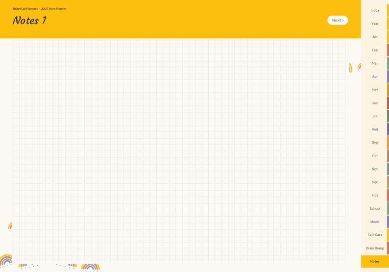 May include: A digital planner page titled Notes 1 with a yellow header, a white grid background, and a side navigation tab labelled with months and categories. Small rainbow icons are visible in the corners of the page.
