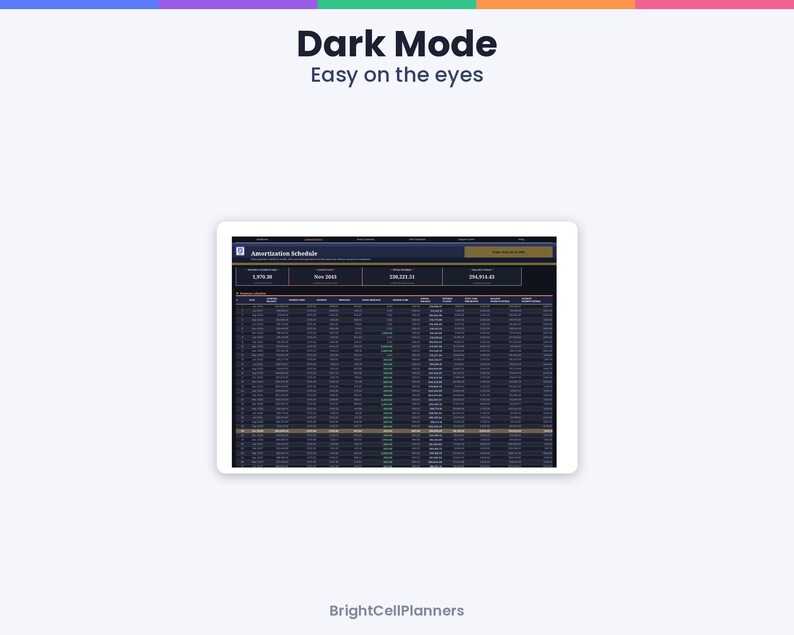 Może przedstawiać: Cyfrowy tablet wyświetla arkusz kalkulacyjny harmonogramu spłat w trybie ciemnym. Ekran zawiera tekst Dark Mode Easy on the eyes u g&oacute;ry oraz BrightCellPlanners u dołu. Interfejs pokazuje kolumny z danymi finansowymi.