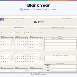 K&ouml;nnte beinhalten: Eine digitale Jahresplaner-Vorlage mit dem Titel My Year, die einen 12-Monats-Kalender ab Montag enth&auml;lt. Das Layout umfasst Bereiche f&uuml;r eine Legende, Jahresziele und monatliche Notizen auf einem hellbeigen Hintergrund mit schwarzem Text.
