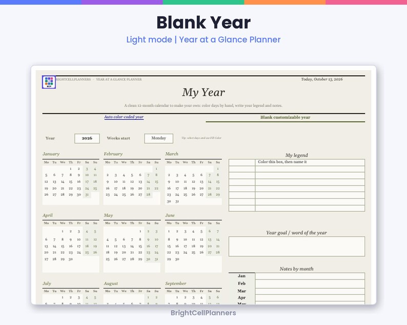 K&ouml;nnte beinhalten: Eine digitale Jahresplaner-Vorlage mit dem Titel My Year, die einen 12-Monats-Kalender ab Montag enth&auml;lt. Das Layout umfasst Bereiche f&uuml;r eine Legende, Jahresziele und monatliche Notizen auf einem hellbeigen Hintergrund mit schwarzem Text.