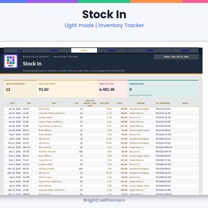 May include: A digital inventory tracker spreadsheet titled Stock In by BrightCellPlanners. The interface displays columns for date, SKU, item, quantity, unit cost, total, supplier, and reference. It shows data for 2026 in a light mode layout.