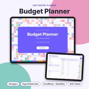 May include: A 2027 digital budget planner displayed on two tablets. The main screen shows a purple cover with the text Budget Planner 2027 Digital Edition. The smaller screen displays a setup and budget plan spreadsheet with hyperlinked tabs.