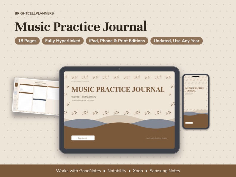 Music Practice Journal Digital, Practice Log, Repertoire List, Technique Goals, Lesson Notes, Recital Calendar, Musician image 1