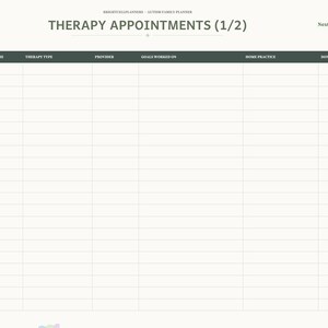May include: A digital planner page titled Therapy Appointments (1/2) with a dark header row containing columns for date, time, therapy type, provider, goals, home practice, and a done checkbox column. A vertical tab menu is on the right side.