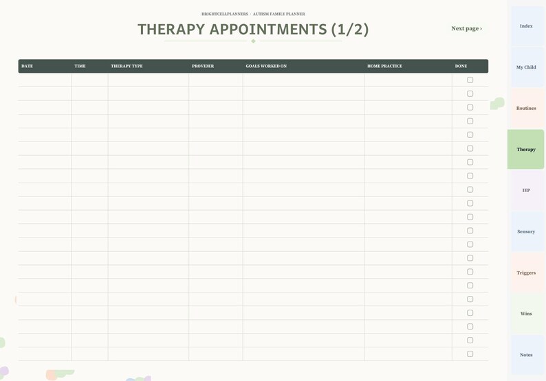 May include: A digital planner page titled Therapy Appointments (1/2) with a dark header row containing columns for date, time, therapy type, provider, goals, home practice, and a done checkbox column. A vertical tab menu is on the right side.