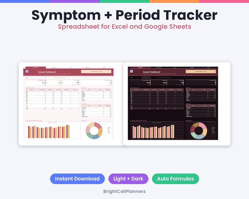 Peut inclure: Un tableur num&eacute;rique de suivi des sympt&ocirc;mes et des r&egrave;gles pour Excel et Google Sheets. L'affichage pr&eacute;sente un tableau de bord annuel en modes clair et sombre, avec des tableaux de donn&eacute;es, des graphiques &agrave; barres et un diagramme circulaire. Le texte inclut "Symptom + Period Tracker", "Spreadsheet for Excel and Google Sheets", "Instant Download", "Light + Dark", "Auto Formulas" et "BrightCellPlanners".