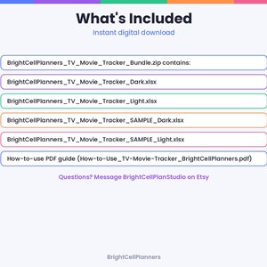 May include: A digital download list titled What's Included featuring BrightCellPlanners_TV_Movie_Tracker_Bundle.zip, BrightCellPlanners_TV_Movie_Tracker_Dark.xlsx, BrightCellPlanners_TV_Movie_Tracker_Light.xlsx, and a How-to-use PDF guide.