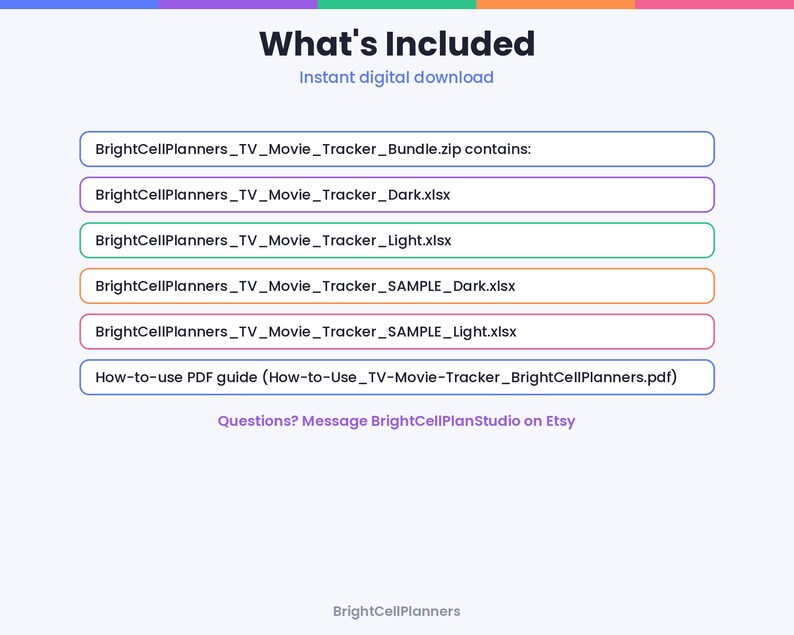 May include: A digital download list titled What's Included featuring BrightCellPlanners_TV_Movie_Tracker_Bundle.zip, BrightCellPlanners_TV_Movie_Tracker_Dark.xlsx, BrightCellPlanners_TV_Movie_Tracker_Light.xlsx, and a How-to-use PDF guide.