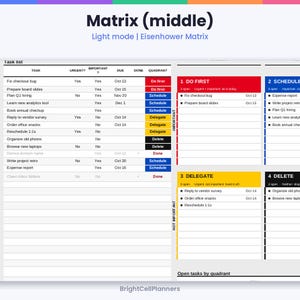 May include: A digital Eisenhower Matrix task planner template titled Matrix (middle) in light mode. It features a task list table with columns for task, urgency, importance, due date, and quadrant, alongside four colour-coded quadrants.