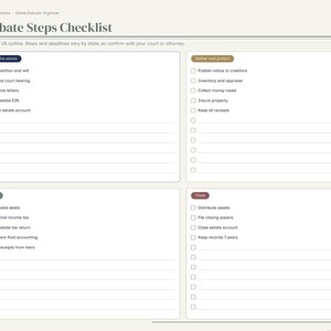 May include: A digital Probate Steps Checklist organizer page featuring four distinct sections titled Open the estate, Gather and protect, Settle, and Close. Each section contains a list of checkboxes with lines for tasks, navigation tabs on the left, and text.