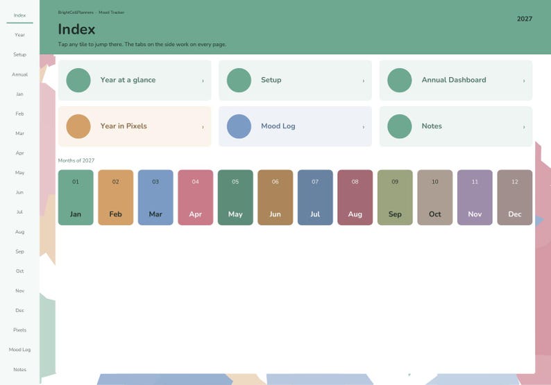 May include: A digital planner index page for 2027 featuring a sidebar navigation menu and a main dashboard with clickable tiles for Year at a glance, Setup, Annual Dashboard, Year in Pixels, Mood Log, Notes, and twelve monthly buttons.