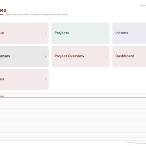 Puede incluir: Una p&aacute;gina de &iacute;ndice de planificador digital titulada Index con un men&uacute; de navegaci&oacute;n lateral. Presenta mosaicos rectangulares etiquetados como Setup, Projects, Income, Expenses, Project Overview, Dashboard y Notes. En la parte inferior hay una gran secci&oacute;n de Quick notes con l&iacute;neas horizontales.