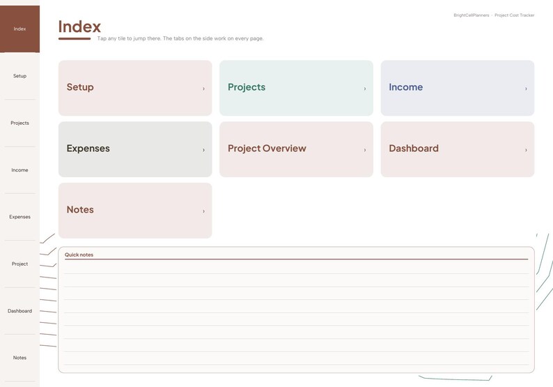 Puede incluir: Una p&aacute;gina de &iacute;ndice de planificador digital titulada Index con un men&uacute; de navegaci&oacute;n lateral. Presenta mosaicos rectangulares etiquetados como Setup, Projects, Income, Expenses, Project Overview, Dashboard y Notes. En la parte inferior hay una gran secci&oacute;n de Quick notes con l&iacute;neas horizontales.