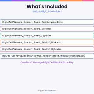 May include: A digital download list titled What's Included, featuring BrightCellPlanners_Kanban_Board_Bundle.zip, BrightCellPlanners_Kanban_Board_Dark.xlsx, BrightCellPlanners_Kanban_Board_Light.xlsx, and a How-to-use PDF guide.