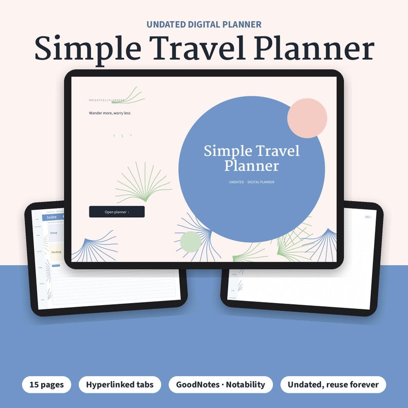 K&ouml;nnte beinhalten: Ein undatierter digitaler Reiseplaner auf drei Tablet-Bildschirmen. Der Hauptbildschirm zeigt den Text Simple Travel Planner, Wander more, worry less und Open planner. Das Design enth&auml;lt blaue und rosafarbene Kreise mit gr&uuml;nen Linien.