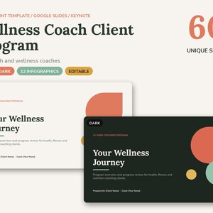 Könnte beinhalten: Eine digitale Präsentationsvorlage mit dem Titel Wellness Coach Client Program mit 60 einzigartigen Folien für PowerPoint, Google Slides und Keynote. Sie enthält helle und dunkle Designs, 12 Infografiken und bearbeitbare Textelemente.
