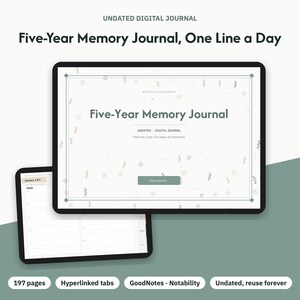 May include: An undated digital journal titled Five-Year Memory Journal, One Line a Day. The interface features a white background with small decorative icons, a green button labeled Open journal, and a secondary view showing lined pages.