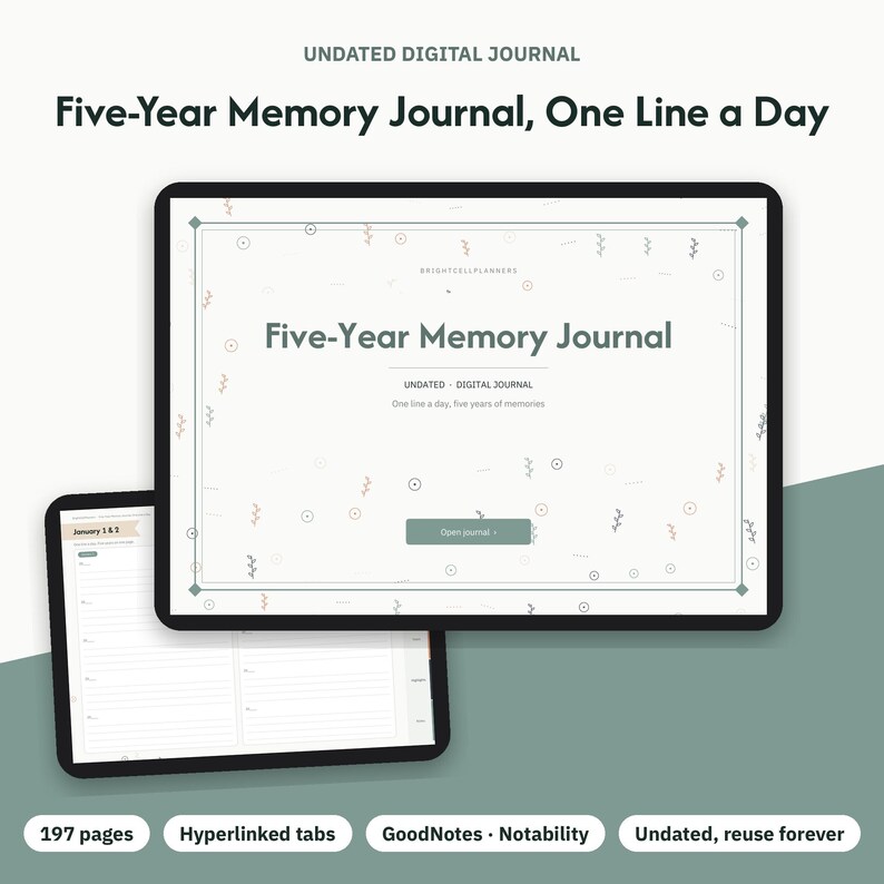 May include: An undated digital journal titled Five-Year Memory Journal, One Line a Day. The interface features a white background with small decorative icons, a green button labeled Open journal, and a secondary view showing lined pages.
