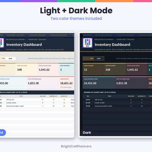 May include: A digital inventory dashboard template featuring light and dark mode color themes. The interface displays metrics including items tracked, units on hand, stock value, sales revenue, cost of goods sold, and gross profit, with a reorder list.
