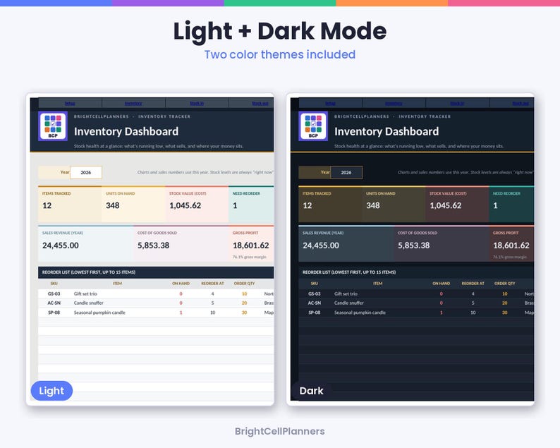 May include: A digital inventory dashboard template featuring light and dark mode color themes. The interface displays metrics including items tracked, units on hand, stock value, sales revenue, cost of goods sold, and gross profit, with a reorder list.