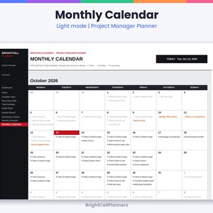 Puede incluir: Una interfaz de calendario mensual digital para un planificador de gestor de proyectos en modo claro. El dise&ntilde;o presenta una barra lateral negra con enlaces de navegaci&oacute;n, una cuadr&iacute;cula blanca para octubre de 2026 y tareas diarias.