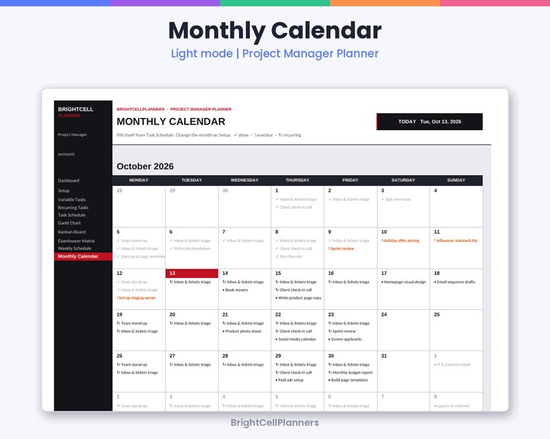Puede incluir: Una interfaz de calendario mensual digital para un planificador de gestor de proyectos en modo claro. El dise&ntilde;o presenta una barra lateral negra con enlaces de navegaci&oacute;n, una cuadr&iacute;cula blanca para octubre de 2026 y tareas diarias.