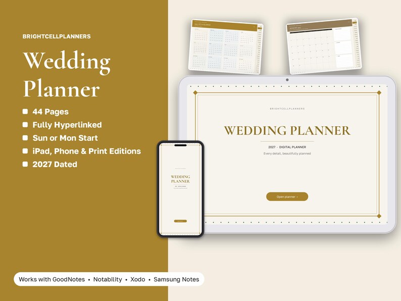 2027 Digital Wedding Planner, Tablet Wedding Planner PDF, Hyperlinked Planner, Moodboard, Save-the-Date, Budget, Guest List image 1