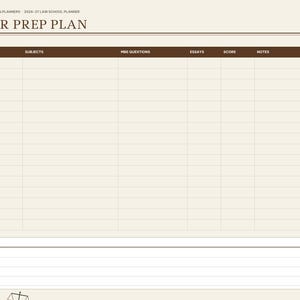 May include: A digital planner page titled BAR PREP PLAN for 2026-27. The layout features a table with columns for Week, Subjects, MBE Questions, Essays, Score, and Notes, plus a dedicated section at the bottom for additional notes.
