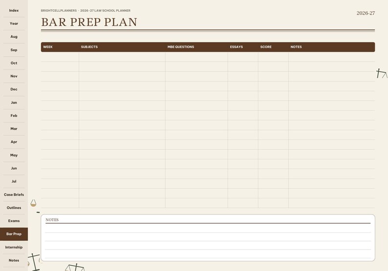 May include: A digital planner page titled BAR PREP PLAN for 2026-27. The layout features a table with columns for Week, Subjects, MBE Questions, Essays, Score, and Notes, plus a dedicated section at the bottom for additional notes.