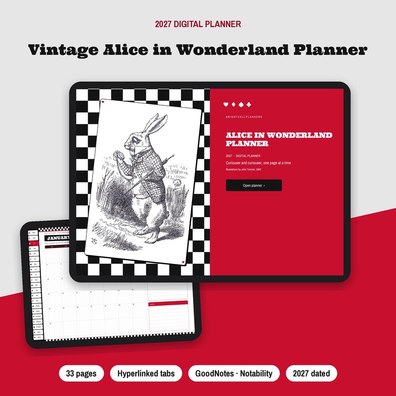 May include: A 2027 digital planner featuring a black and white checkered border and a vintage illustration of a rabbit. The screen displays the text Alice in Wonderland Planner, 2027 Digital Planner, and Curiouser and curiouser, one page at a time.