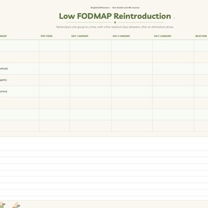 May include: A digital Low FODMAP Reintroduction tracking page with a navigation sidebar. The table includes columns for food group, test food, day amounts, reaction, and result. A large lined notes section is at the bottom of the page.