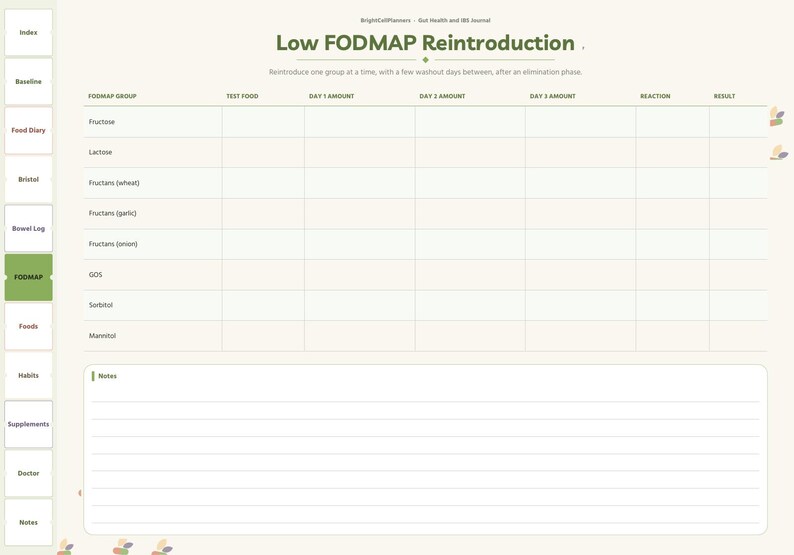 May include: A digital Low FODMAP Reintroduction tracking page with a navigation sidebar. The table includes columns for food group, test food, day amounts, reaction, and result. A large lined notes section is at the bottom of the page.
