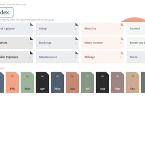 May include: A digital planner index page for 2027 titled Index, featuring a sidebar navigation menu and a grid of rectangular tiles labelled Year at a glance, Setup, Monthly, Annual, Properties, Bookings, Other Income, Recurring Expenses, Variable Expenses, Maintenance, Mileage, and Notes, with a row of twelve monthly colour-coded tabs.