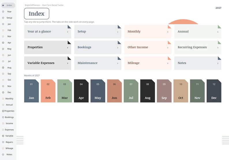 May include: A digital planner index page for 2027 titled Index, featuring a sidebar navigation menu and a grid of rectangular tiles labelled Year at a glance, Setup, Monthly, Annual, Properties, Bookings, Other Income, Recurring Expenses, Variable Expenses, Maintenance, Mileage, and Notes, with a row of twelve monthly colour-coded tabs.