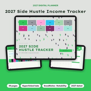 Puede incluir: Un planificador digital 2027 titulado 2027 Side Hustle Income Tracker, con un fondo gris claro y patrones de rayos negros y verdes. La interfaz muestra doce botones rectangulares de colores para cada mes del a&ntilde;o.