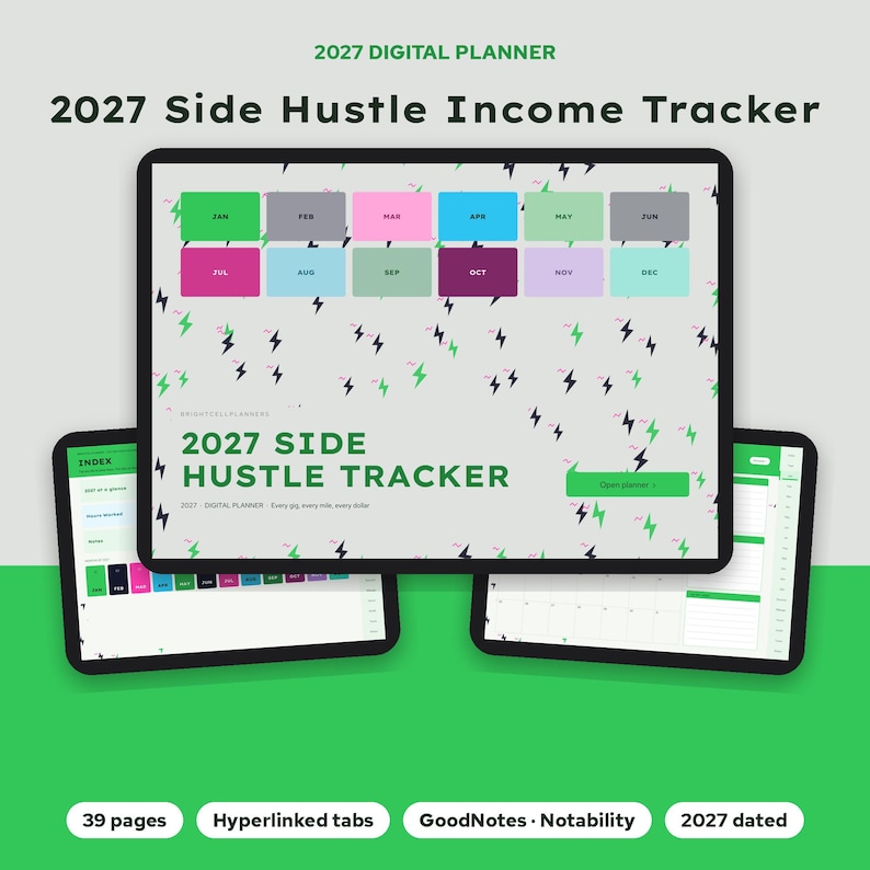 Puede incluir: Un planificador digital 2027 titulado 2027 Side Hustle Income Tracker, con un fondo gris claro y patrones de rayos negros y verdes. La interfaz muestra doce botones rectangulares de colores para cada mes del a&ntilde;o.