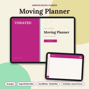 May include: A digital moving planner displayed on two tablet screens. The larger screen shows a magenta and cream interface with the text Undated Moving Planner. The smaller screen displays a grid-lined notes page with magenta tabs.
