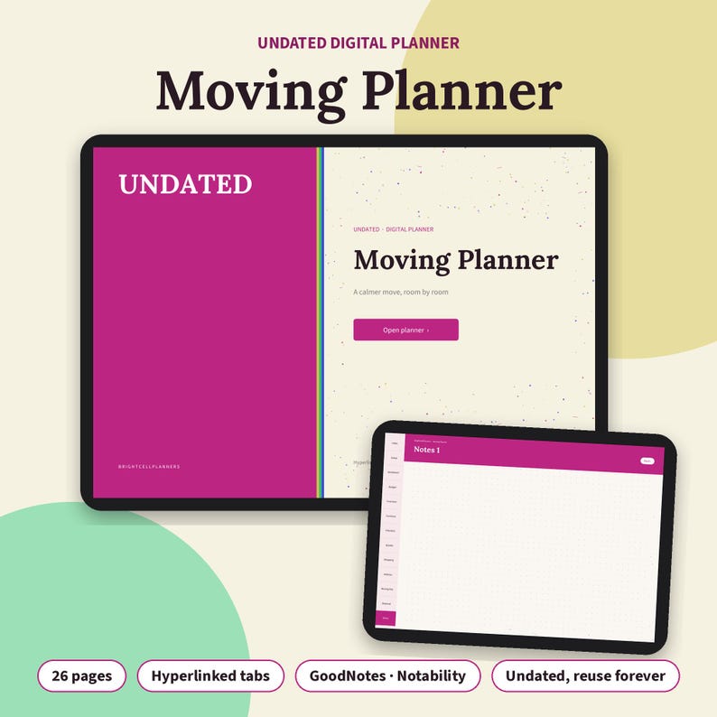 May include: A digital moving planner displayed on two tablet screens. The larger screen shows a magenta and cream interface with the text Undated Moving Planner. The smaller screen displays a grid-lined notes page with magenta tabs.
