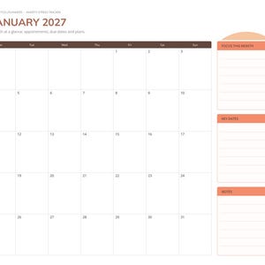 Peut inclure: Une page de planificateur num&eacute;rique pour janvier 2027 pr&eacute;sentant une grille de calendrier mensuel avec un en-t&ecirc;te marron fonc&eacute;. La partie droite comprend trois sections lign&eacute;es intitul&eacute;es Focus This Month, Key Dates et Notes. Une barre de navigation verticale est &agrave; gauche.