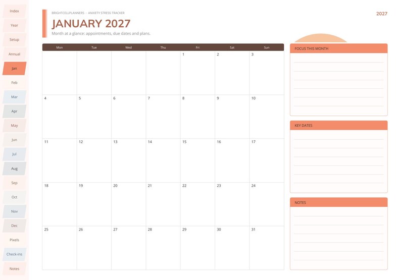 Peut inclure: Une page de planificateur num&eacute;rique pour janvier 2027 pr&eacute;sentant une grille de calendrier mensuel avec un en-t&ecirc;te marron fonc&eacute;. La partie droite comprend trois sections lign&eacute;es intitul&eacute;es Focus This Month, Key Dates et Notes. Une barre de navigation verticale est &agrave; gauche.