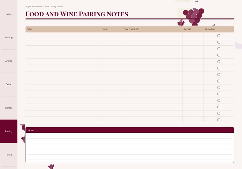 May include: A digital planner page titled Food and Wine Pairing Notes with a table featuring columns for dish, wine, why it worked, rating, and try again. The layout includes a section for notes, grape illustrations, and a side navigation bar.