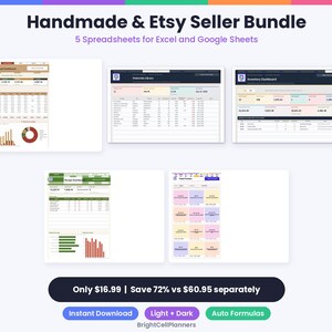 May include: A digital bundle of five spreadsheets for Excel and Google Sheets titled Handmade & Etsy Seller Bundle. The interface displays dashboards for annual sales, material library, inventory, recipes, and a planner with data charts.
