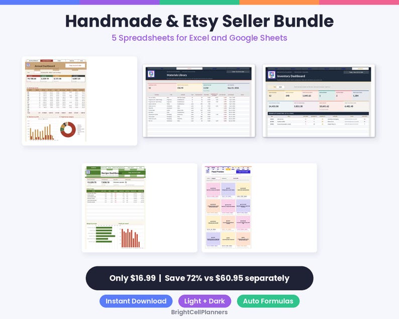 May include: A digital bundle of five spreadsheets for Excel and Google Sheets titled Handmade & Etsy Seller Bundle. The interface displays dashboards for annual sales, material library, inventory, recipes, and a planner with data charts.