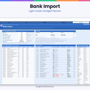 Puede incluir: Una interfaz de planificador de presupuesto digital titulada Bank Import en modo claro. La pantalla muestra una hoja de c&aacute;lculo con columnas para fechas, descripciones, montos y categor&iacute;as, con encabezados azules.