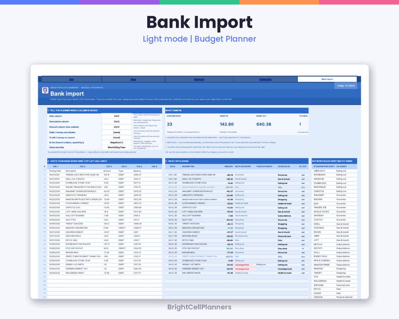 Puede incluir: Una interfaz de planificador de presupuesto digital titulada Bank Import en modo claro. La pantalla muestra una hoja de c&aacute;lculo con columnas para fechas, descripciones, montos y categor&iacute;as, con encabezados azules.